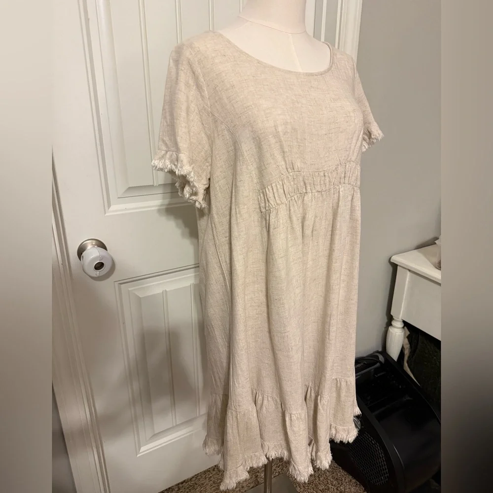 Umgee Linen Short Sleeve Dress with Fringe Details - Picture 3 of 14